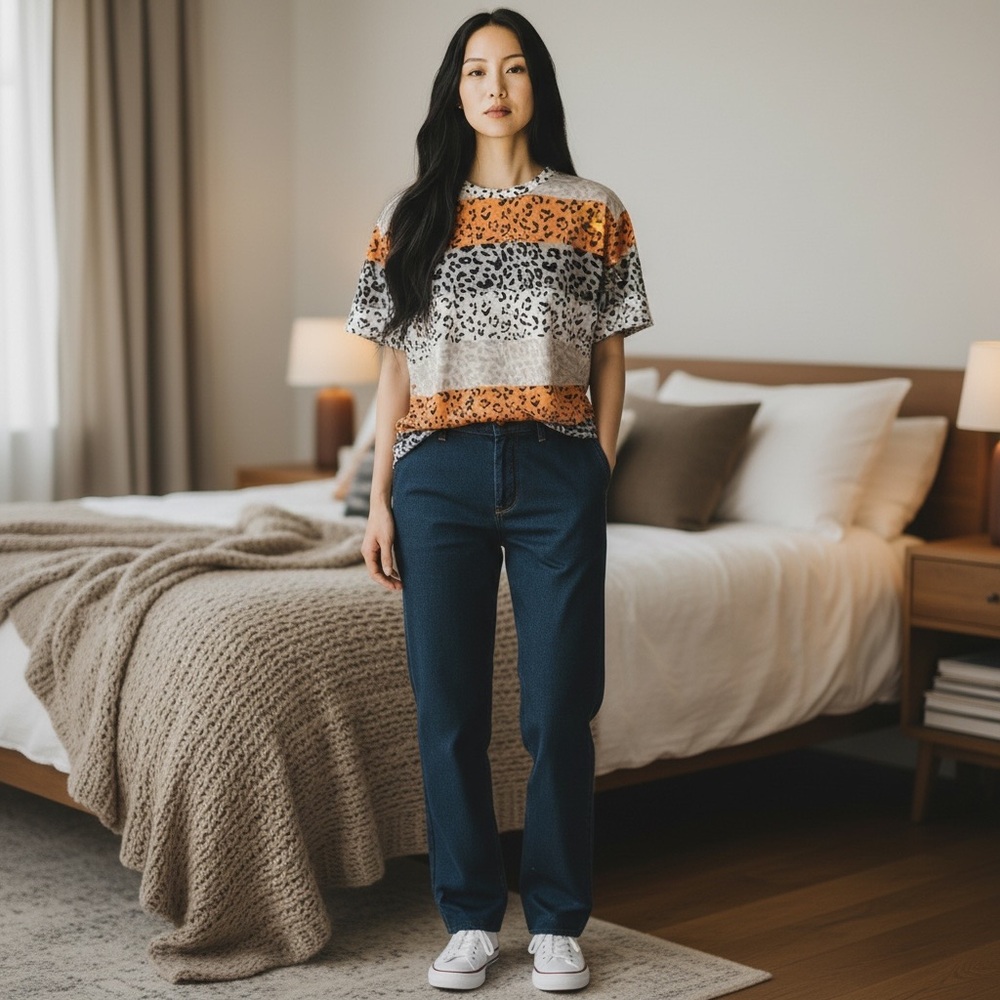Leopard Print Striped Women's Top - Orange, Black, Cream